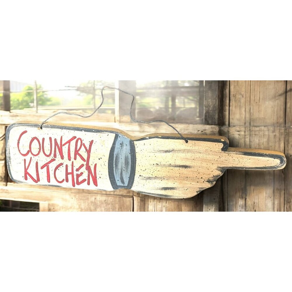 Wooden Country Kitchen Sign With Rustic Hand-Painted Design & Wire Hanger